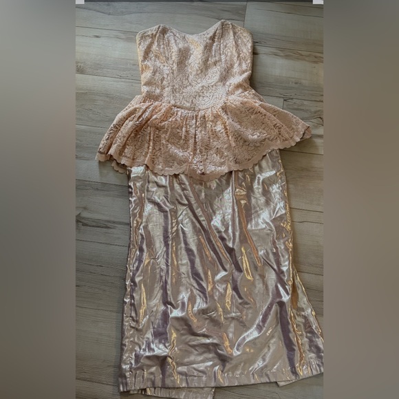 Vintage 80s pink metallic lace peplum strapless dress wedding party glam prom - Picture 5 of 8